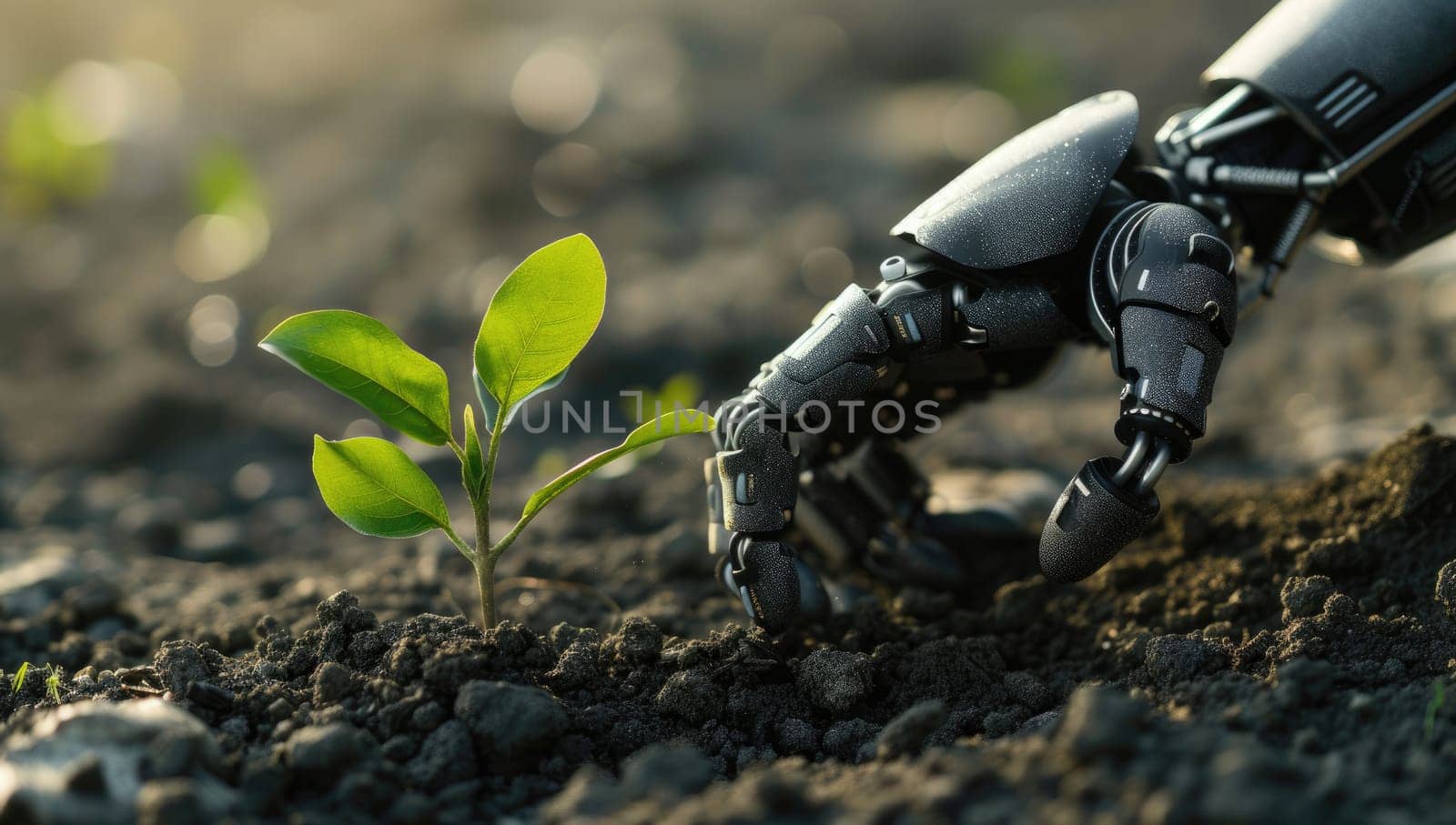 Robotic hand nurturing a young plant