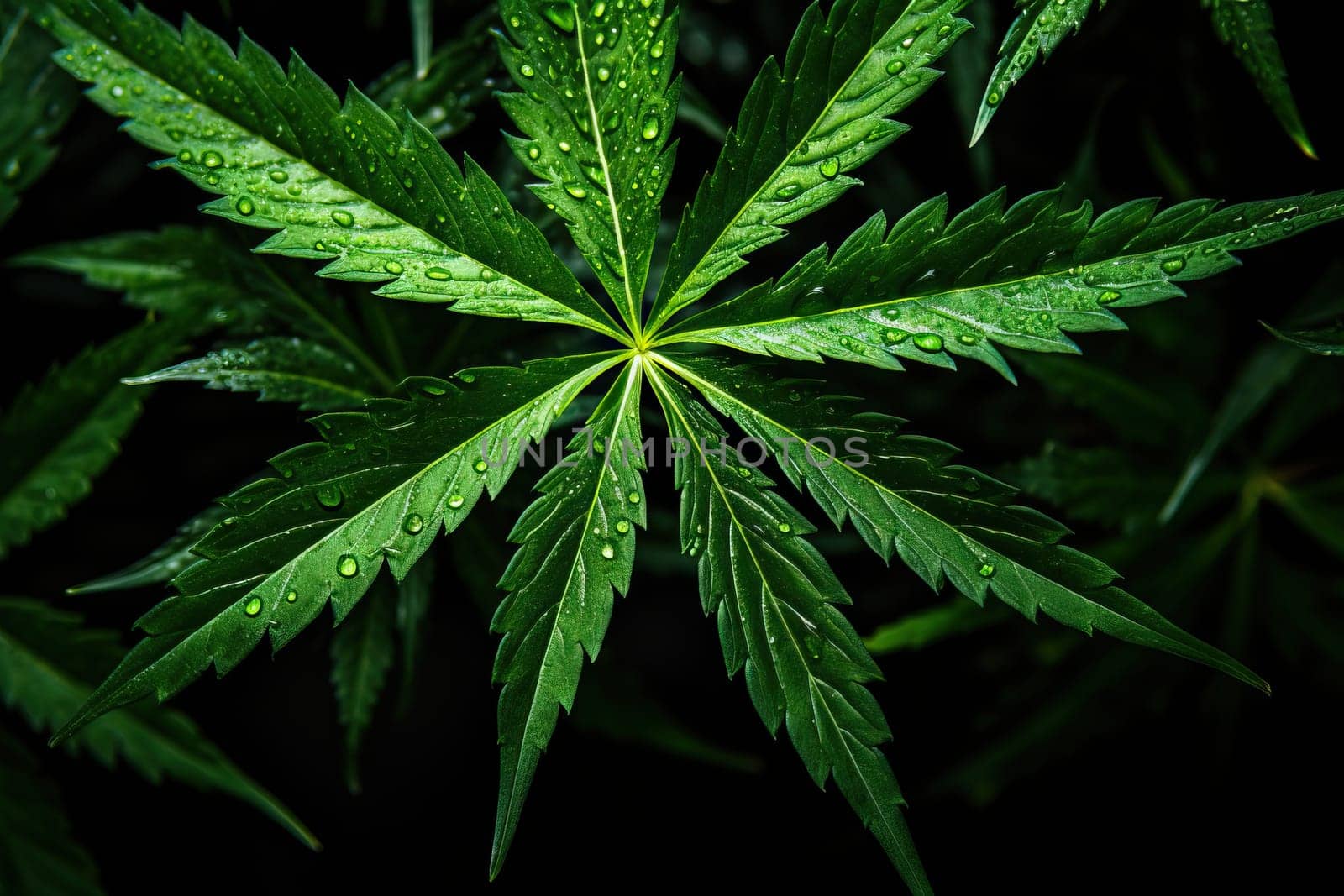 Vibrant green cannabis leaf adorned with water droplets on a dark background