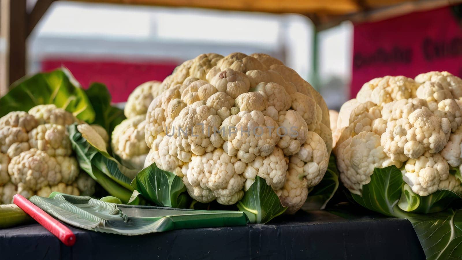 Organic fresh cauliflower display at vibrant local farmer's market by Annu1tochka