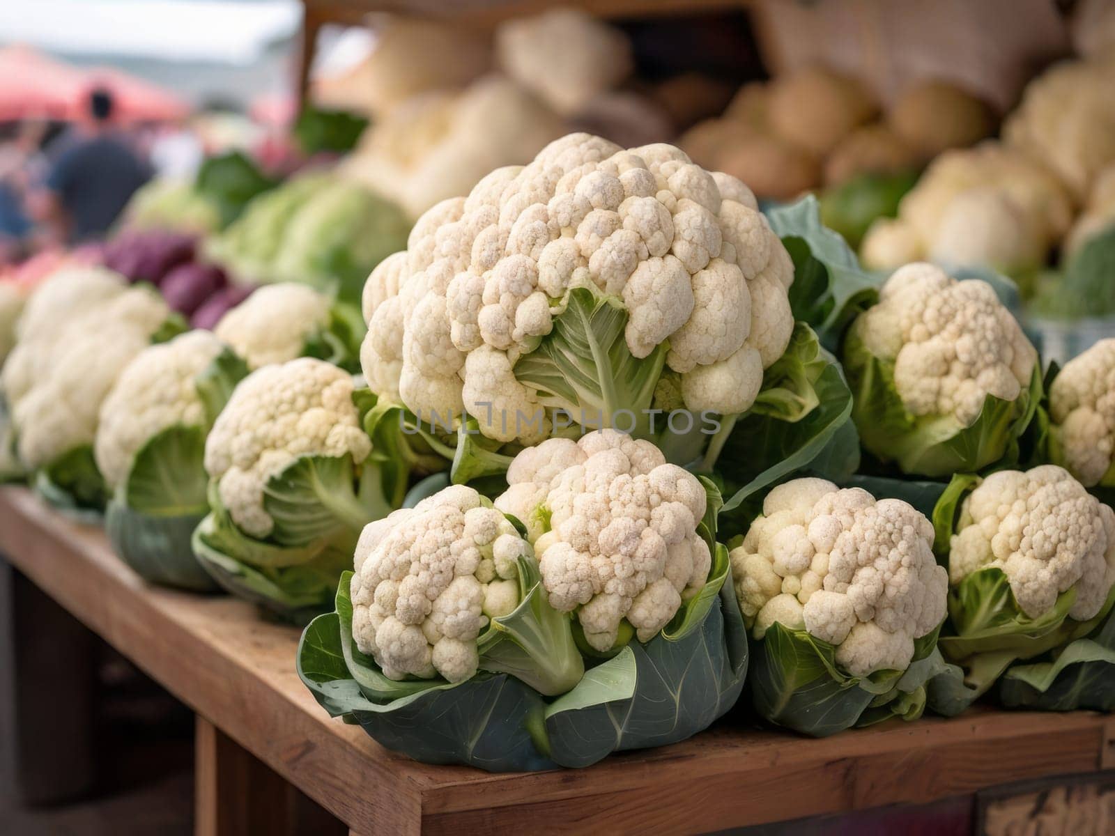A vibrant display of fresh organic cauliflower at a local farmer's market, showcasing the natural beauty of the vegetable and the vibrant atmosphere of the market. by Annu1tochka