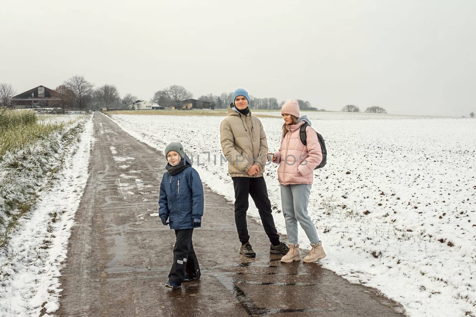 Winter Family Bliss: Mother and Two Sons Enjoying a Snowy Countryside Stroll. Winter, Snow, Mother, Two sons, Family, Rural road, Snow-covered field, Winter landscape by Andrii_Ko