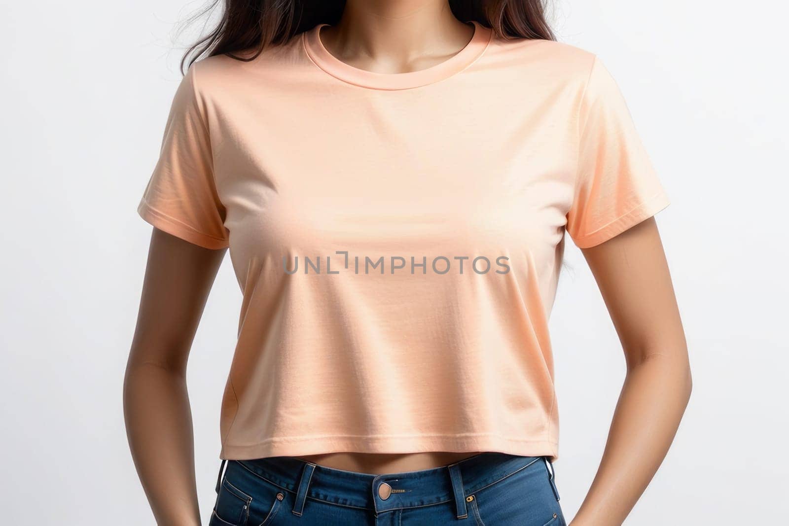 Woman in peach fuzz colored tshirt, can be used for design, mock up. The trending color of 2024. by Annu1tochka