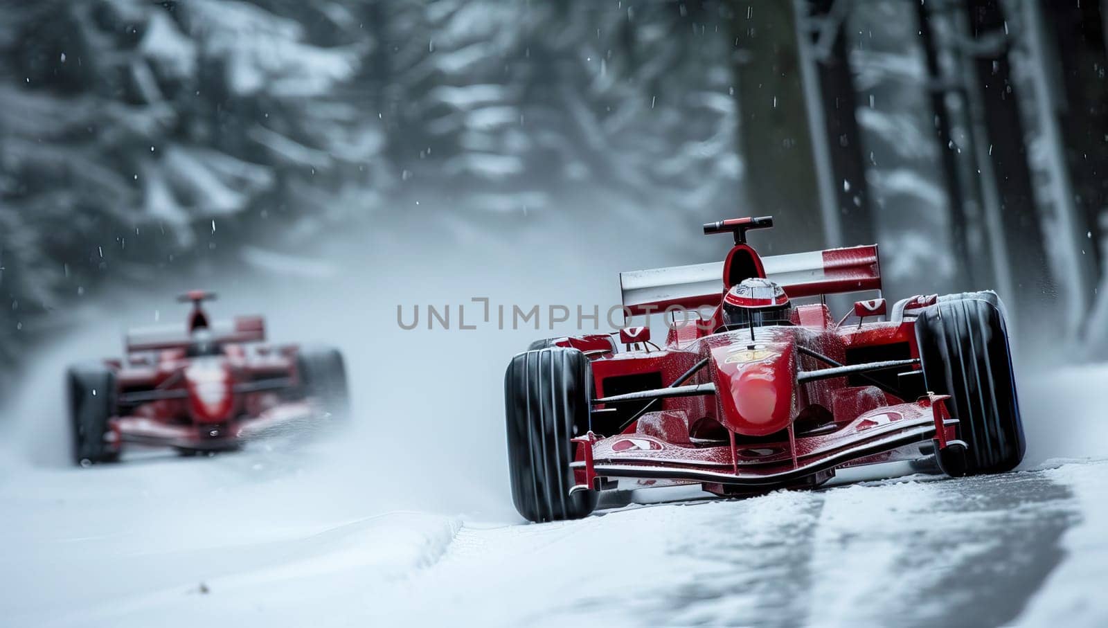 Red race cars driving on snowy forest road