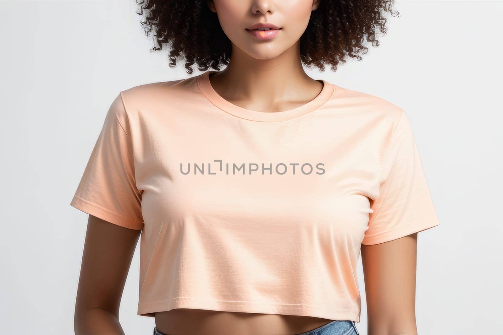 Woman in peach fuzz colored tshirt, can be used for design, mock up. The trending color of 2024