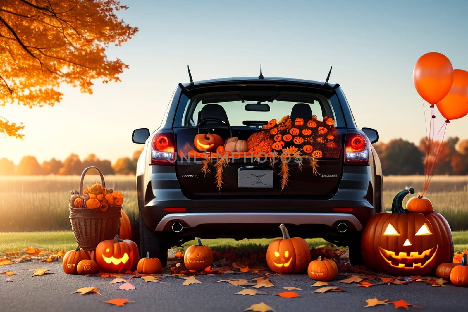 A large car decorated for Halloween with cobwebs, pumpkins, orange balloons and sweets. The concept of a creative outdoor event in autumn by Annu1tochka