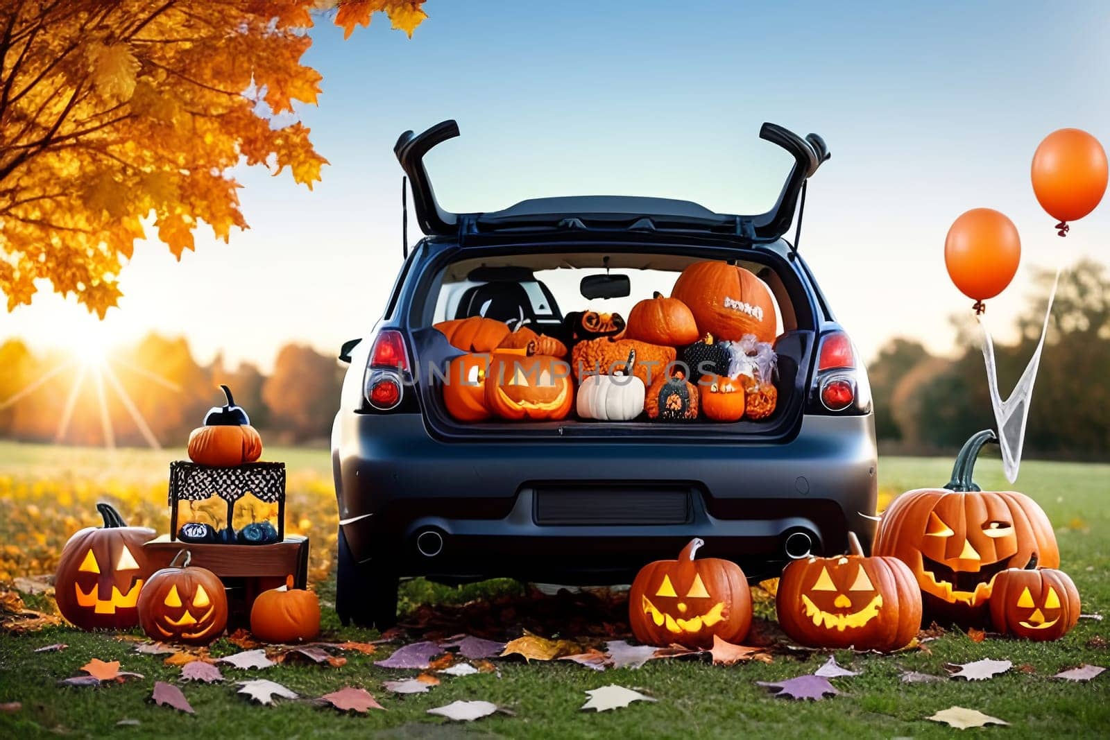 A large car decorated for Halloween with cobwebs, pumpkins, orange balloons and sweets. The concept of a creative outdoor event in autumn by Annu1tochka