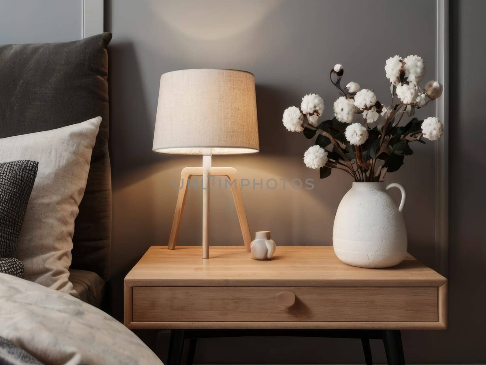 Elegant nightstand featuring a lamp and a vase of flowers, illuminating the tranquil bedroom. Scandinavian-inspired home decor. by Annu1tochka