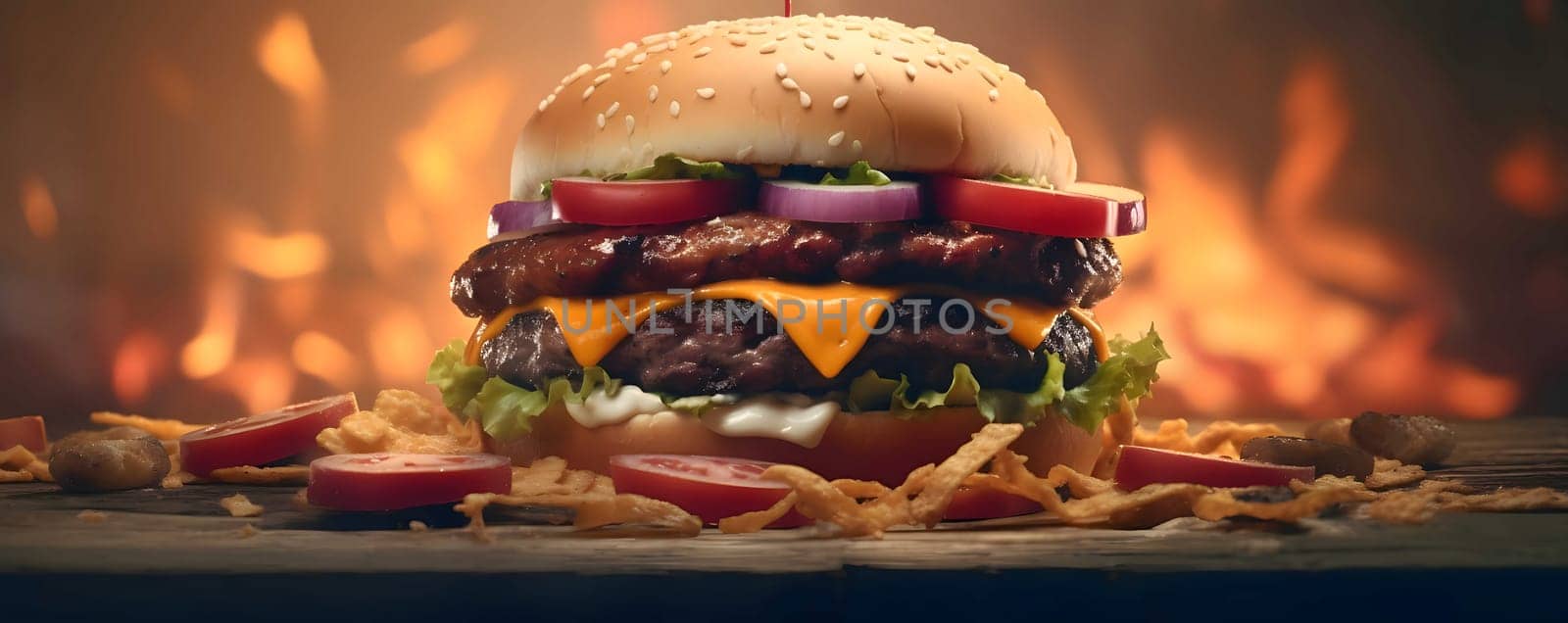 Hamburger, cheeseburger, chicken burger, burger with lettuce, cheese, bacon, pickle, tomato, sauce, onion. Wooden top, blurred flames of fire in the background. Tasty.