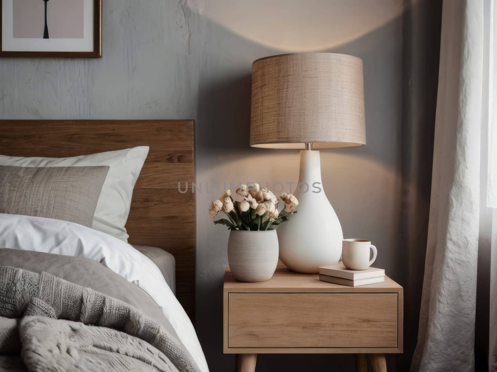 Charming bedside table arrangement with a lamp and blooming flowers, enhancing the serene ambiance of the Scandinavian-style bedroom