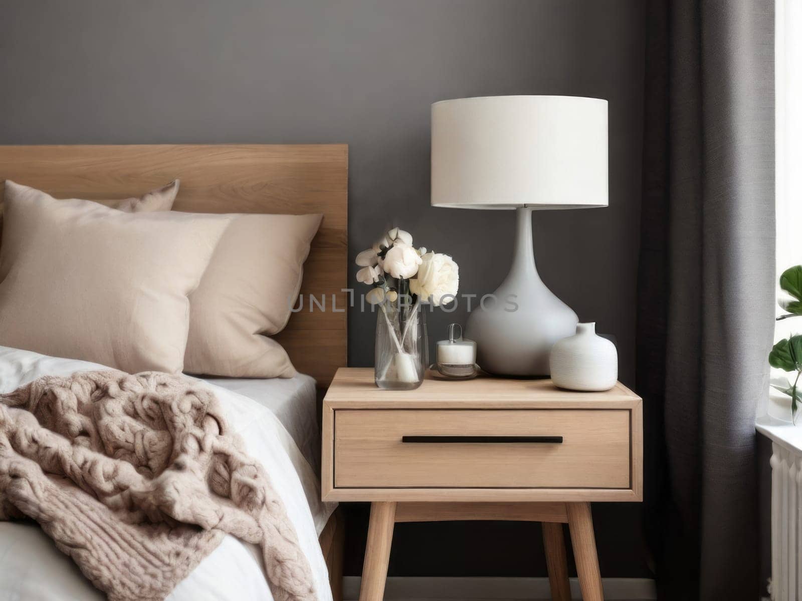 A cozy nightstand with a stylish lamp and fresh flowers, adding charm to the bedroom. Minimalist Scandinavian home interior design. by Annu1tochka