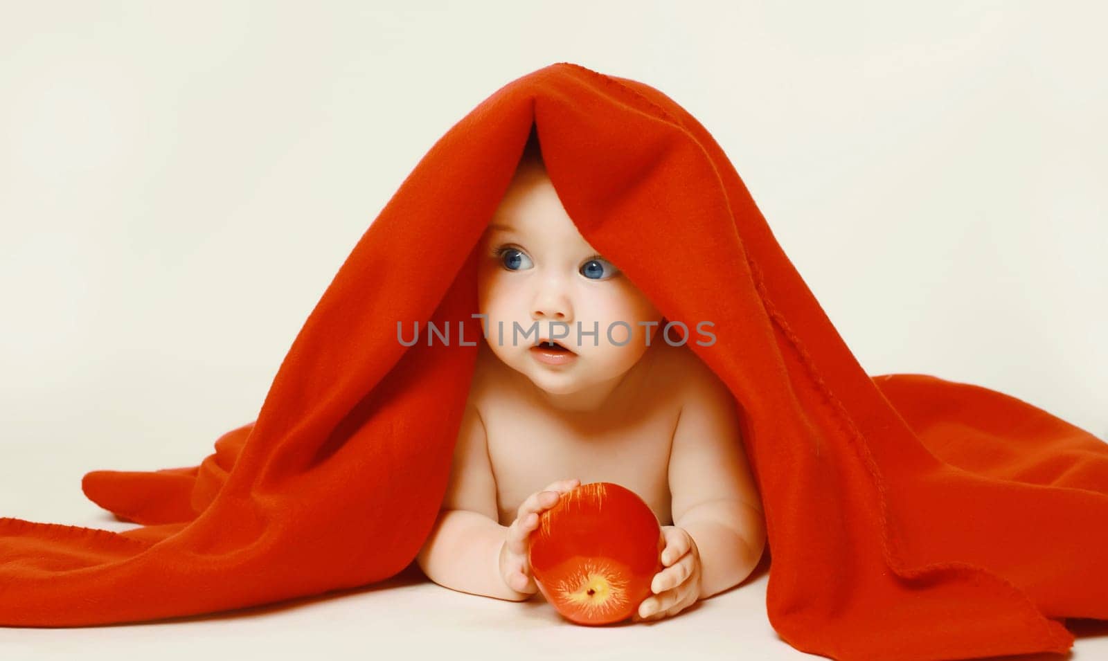 cute baby lying under red bath towel playing with apple toy on white studio background by Rohappy