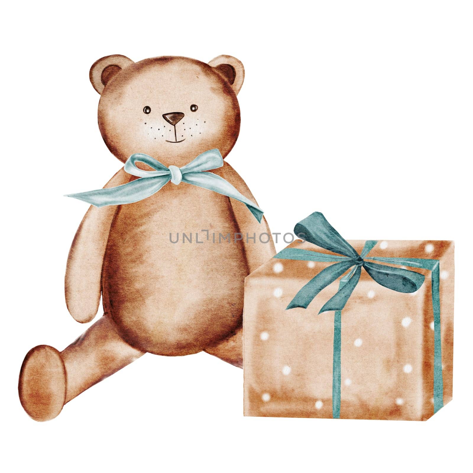 Baby birthday invitation watercolor. Cute hand drawn teddy bear with gift box. Clip art isolated on white background. Ideal for baby shower and birthday cards and invitations. by TatyanaTrushcheleva