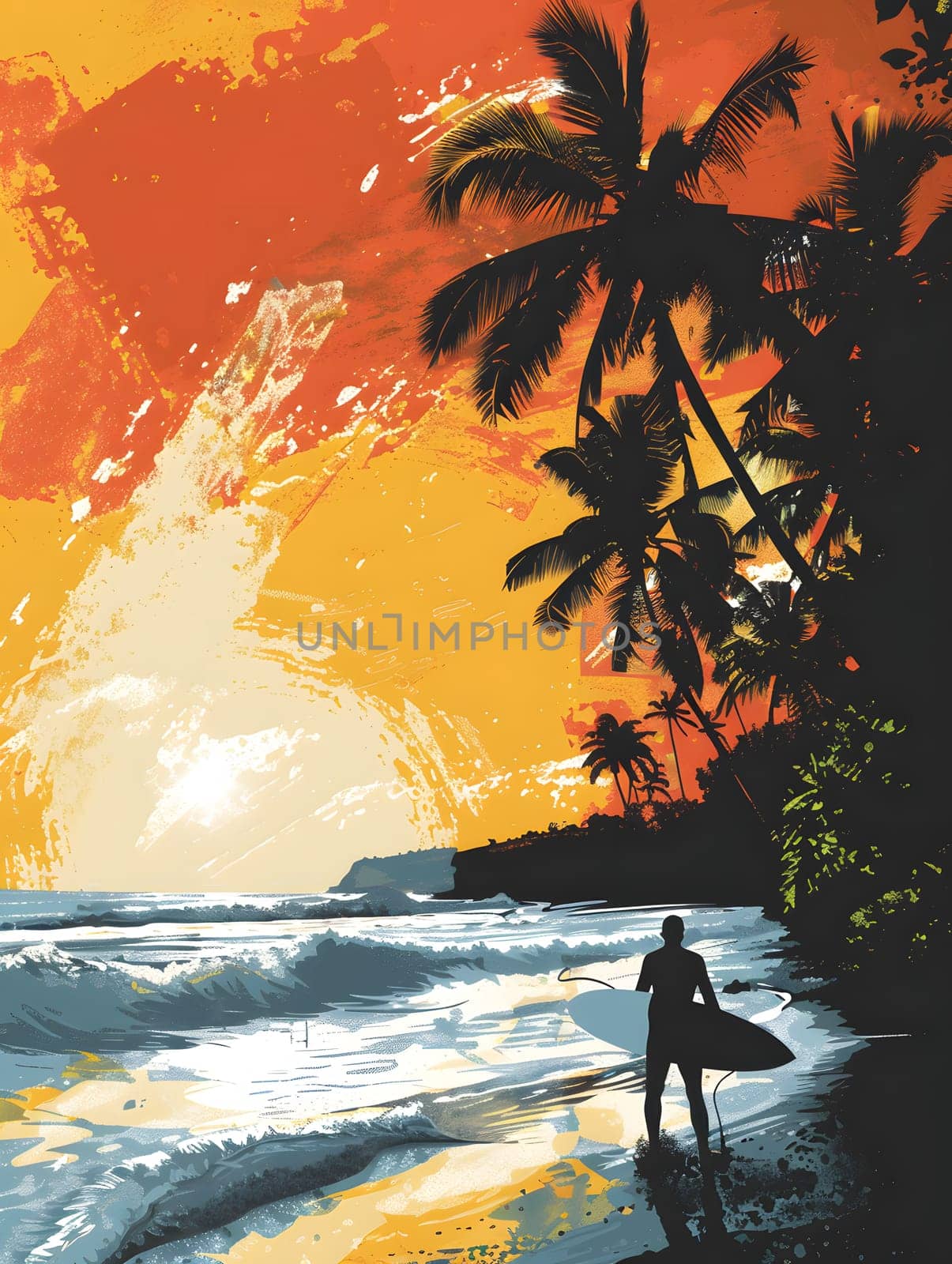a painting of a surfer on the beach at sunset by Nadtochiy