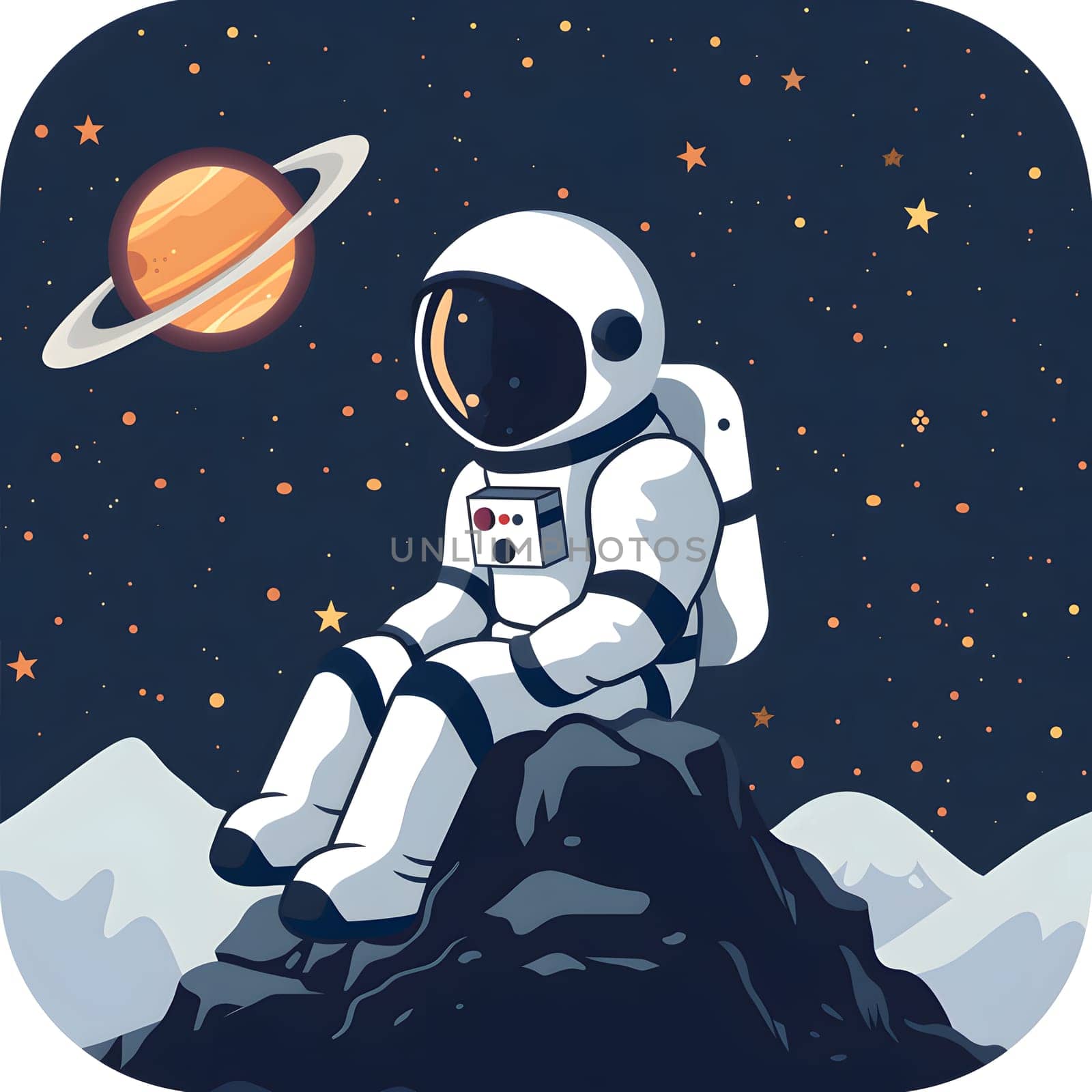 Astronaut seated on rock, planet in background, space art by Nadtochiy