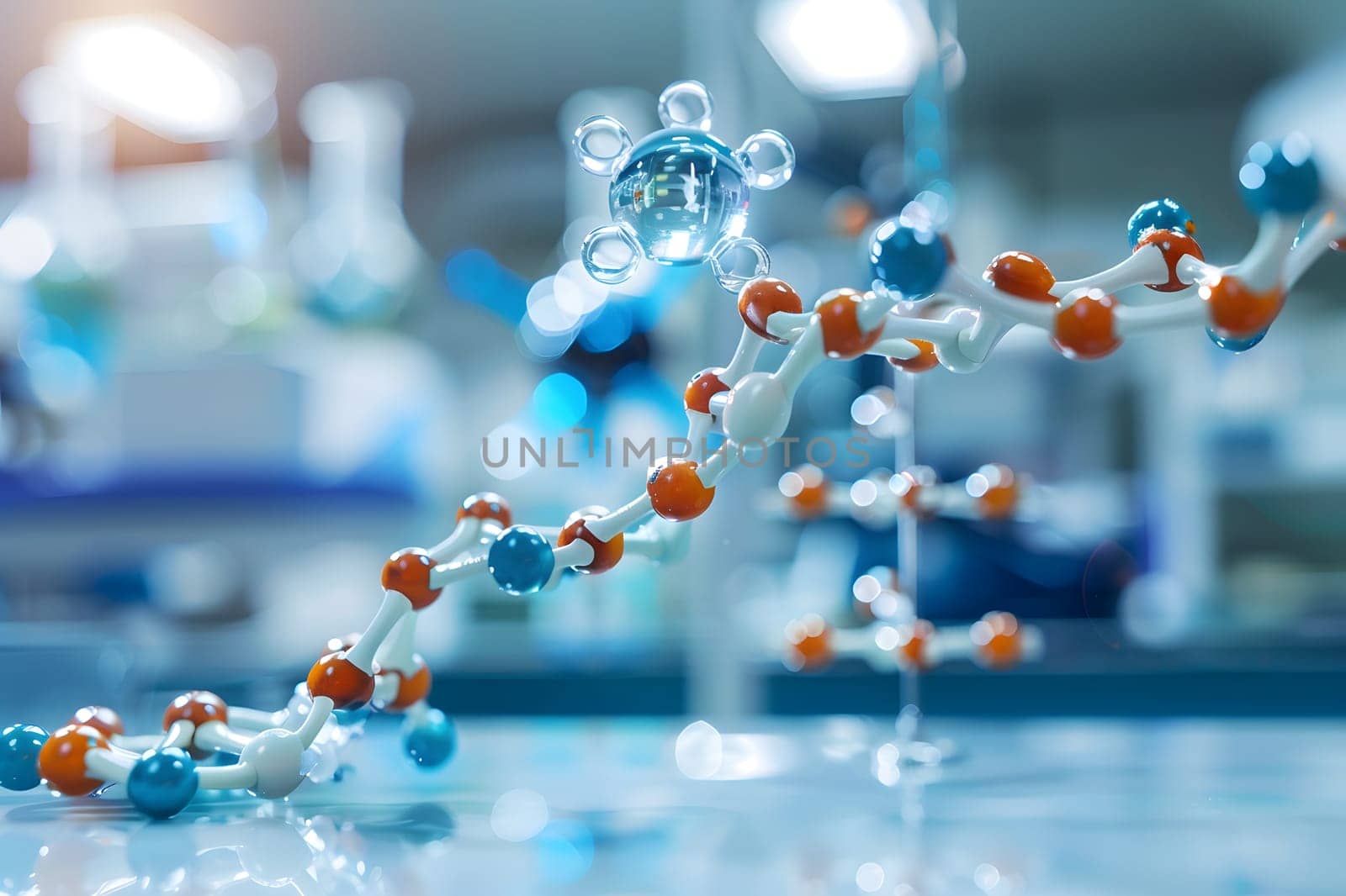 Close up of a water molecule model on a glass table in a laboratory by Nadtochiy
