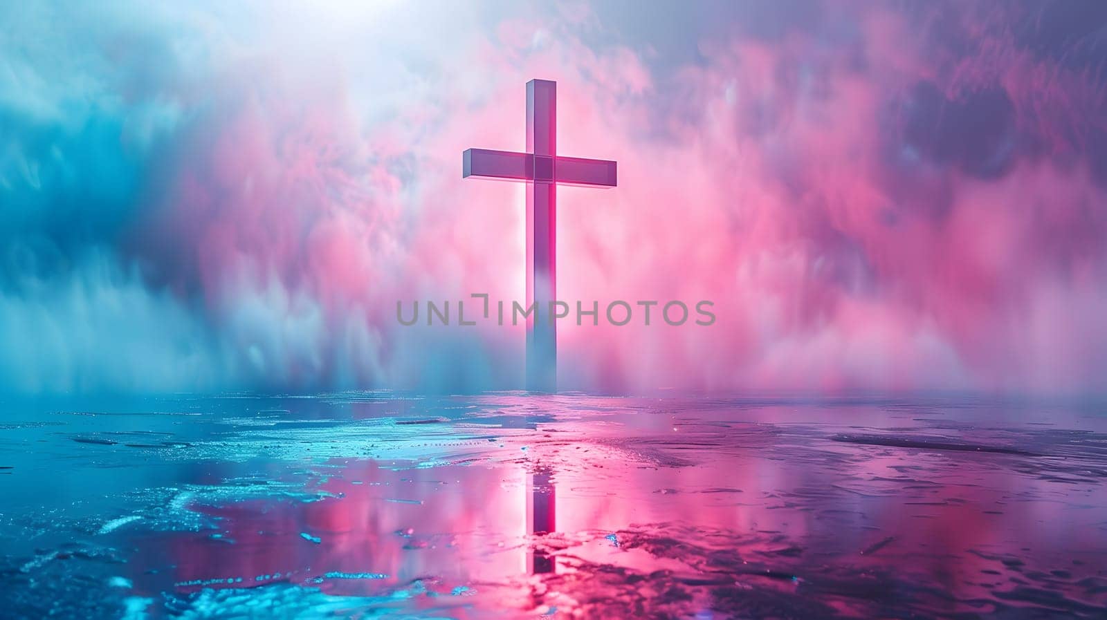 A pink cross stands in the water under a beautiful sky by Nadtochiy