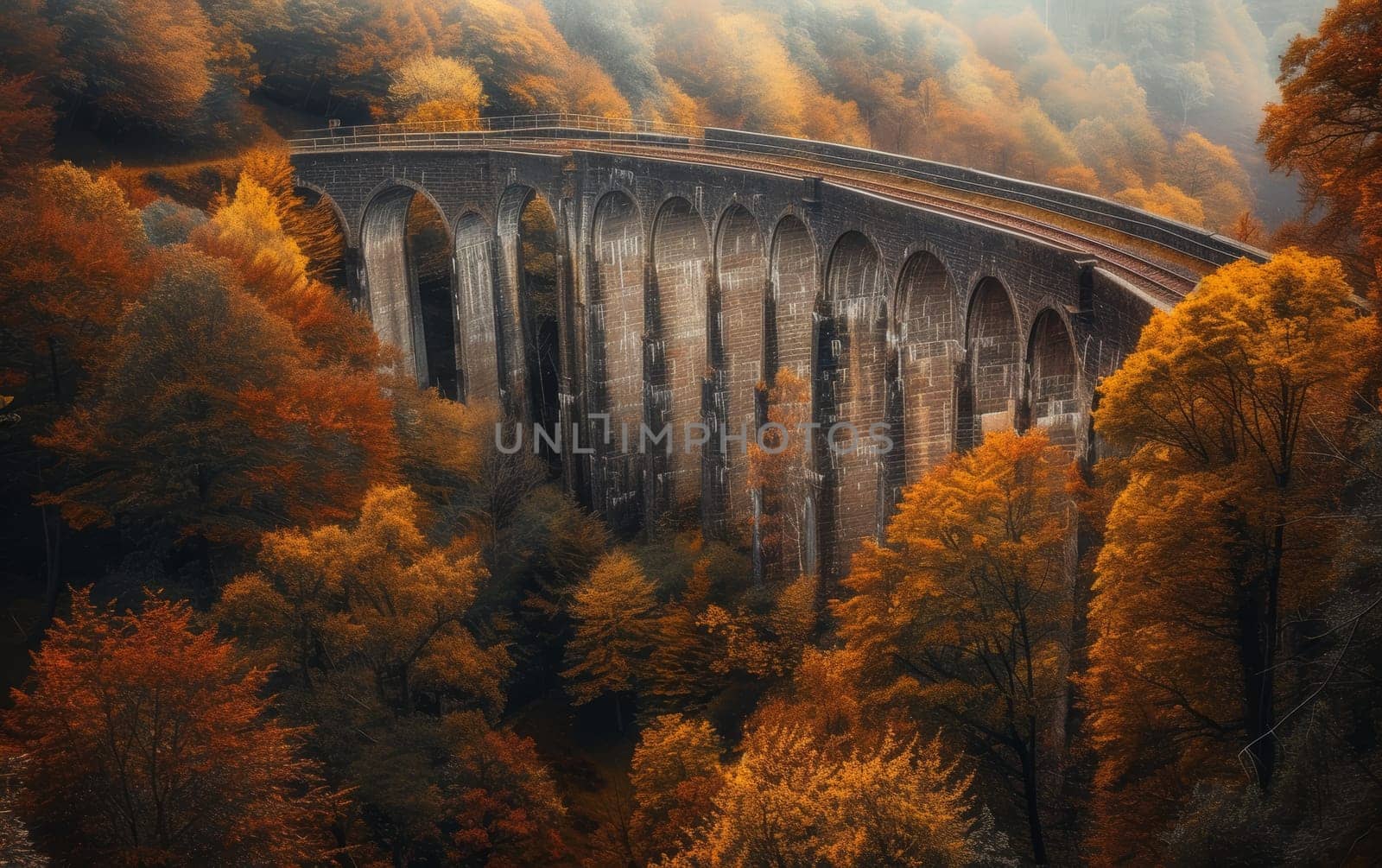 Majestic viaduct bridge cutting through a forest in full autumn splendor