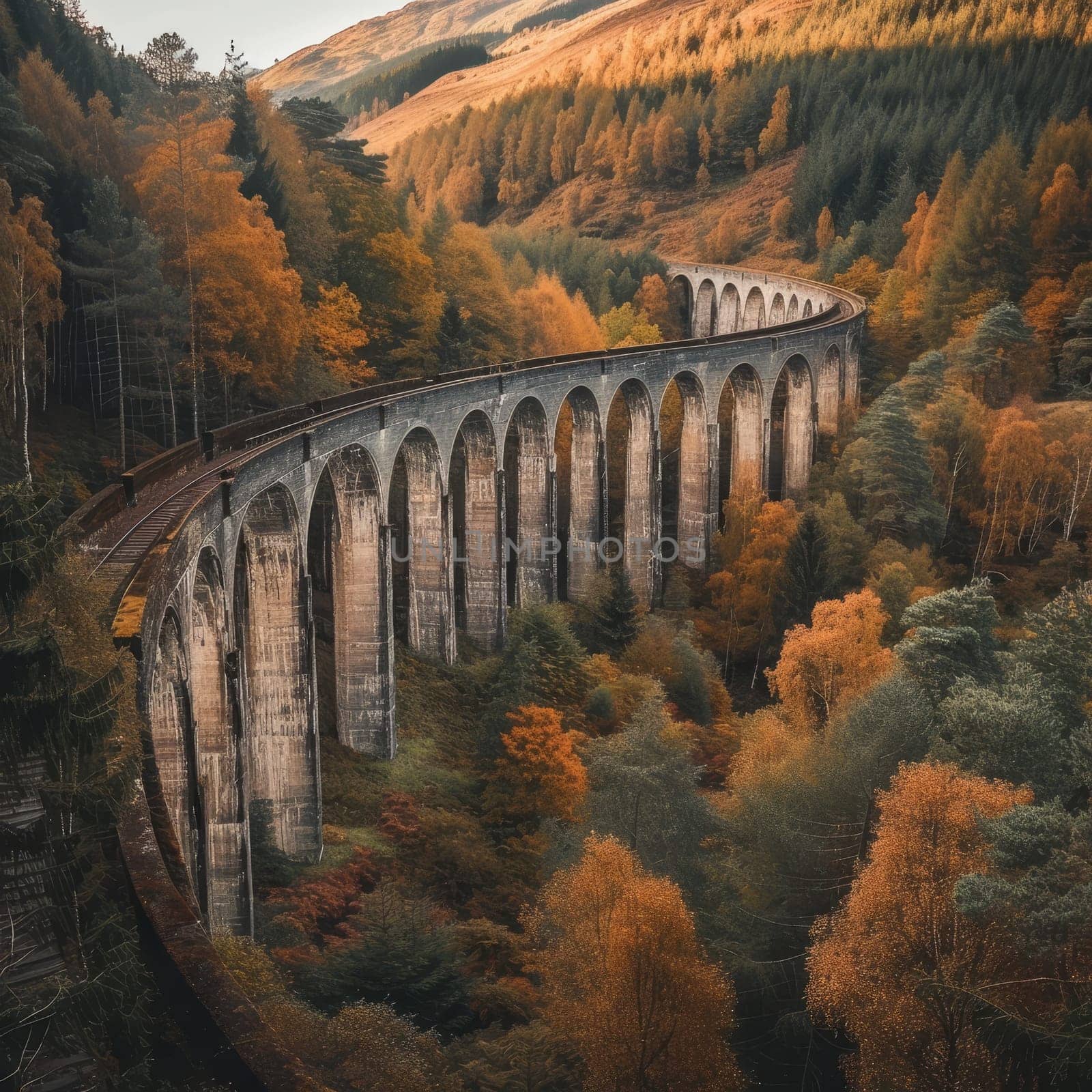 Majestic viaduct bridge cutting through a forest in full autumn splendor. by sfinks