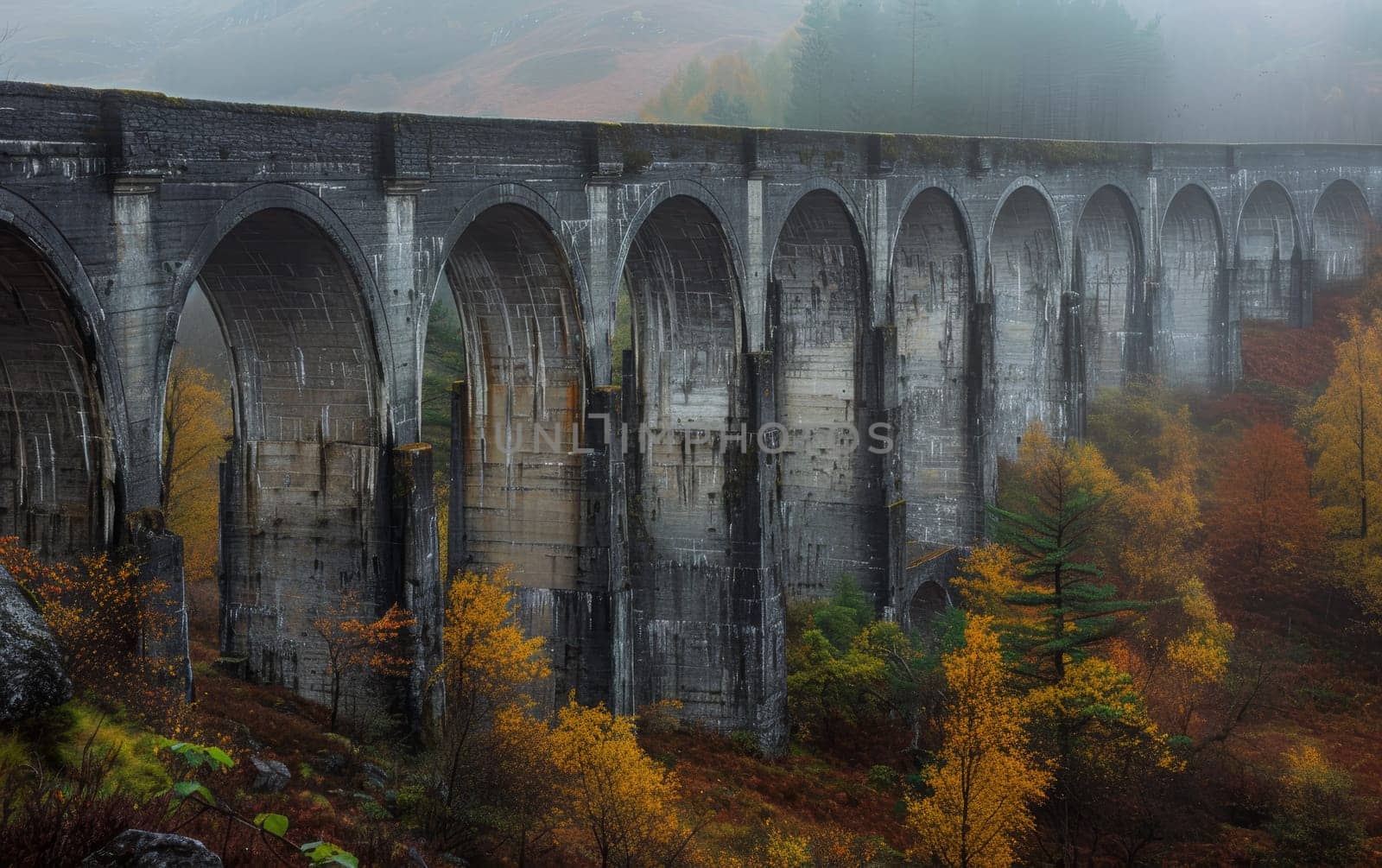 Majestic Viaduct enveloped in mist, surrounded by the lush autumnal hues of the highlands