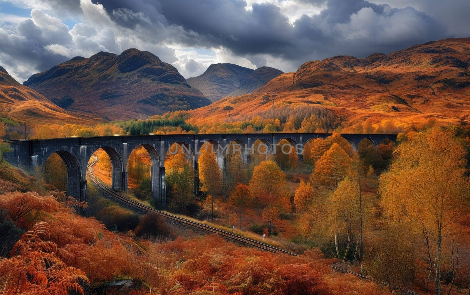 Majestic viaduct arching over a landscape ablaze with autumn colors under a dynamic sky