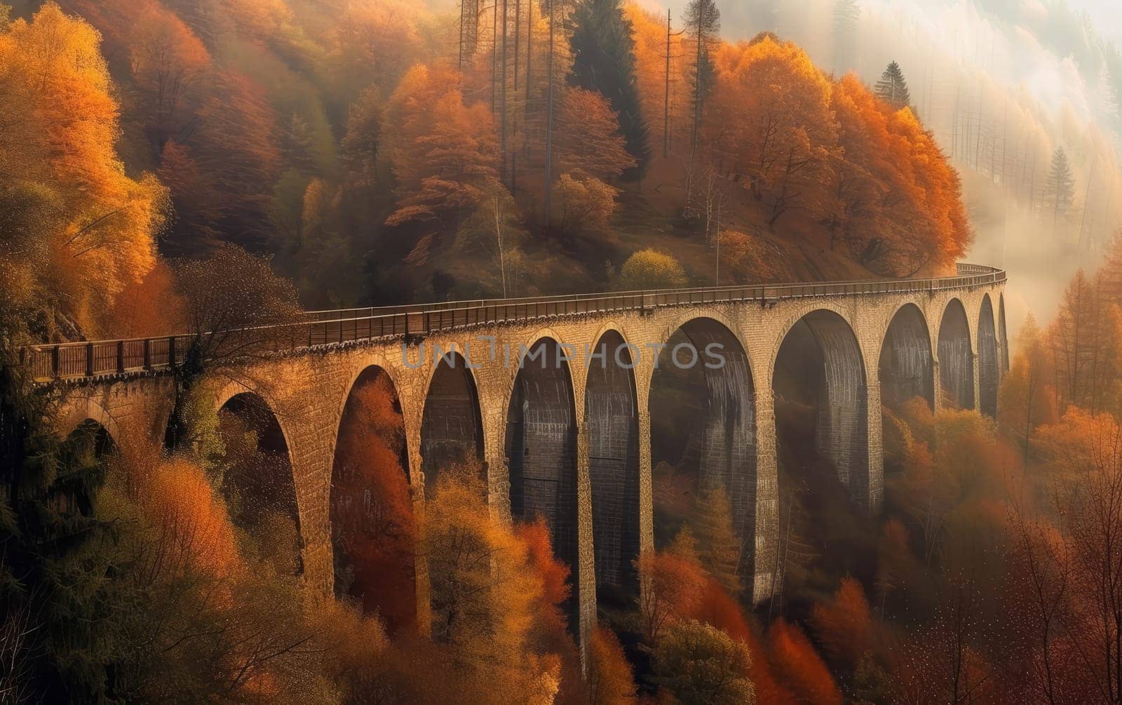 Old viaduct bridge enveloped in fog with autumn colors in the surrounding forest. by sfinks