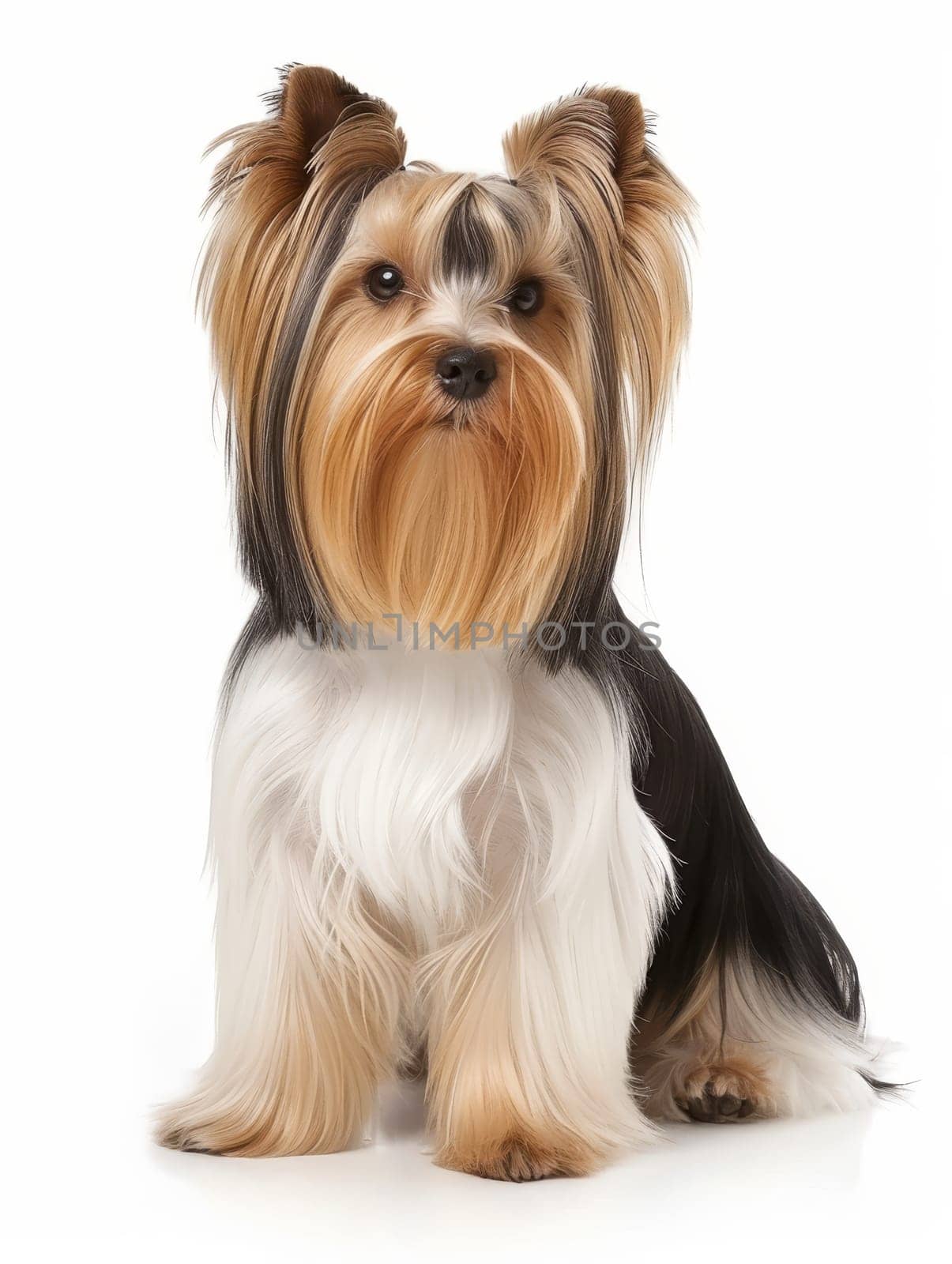 Tricolor Yorkshire Terrier standing with a lively posture on a white background. by sfinks