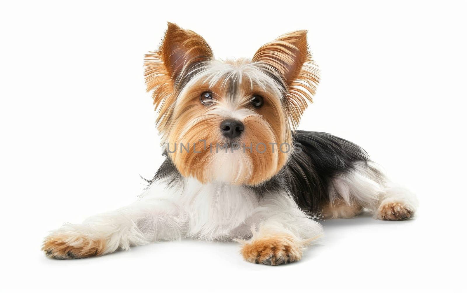 A Biewer Terrier dog lying down with a focused gaze, showcasing its tri-colored coat