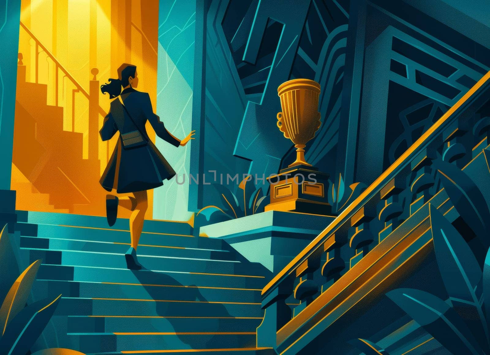 Vibrant red-toned illustration of a girl racing up a staircase with a trophy