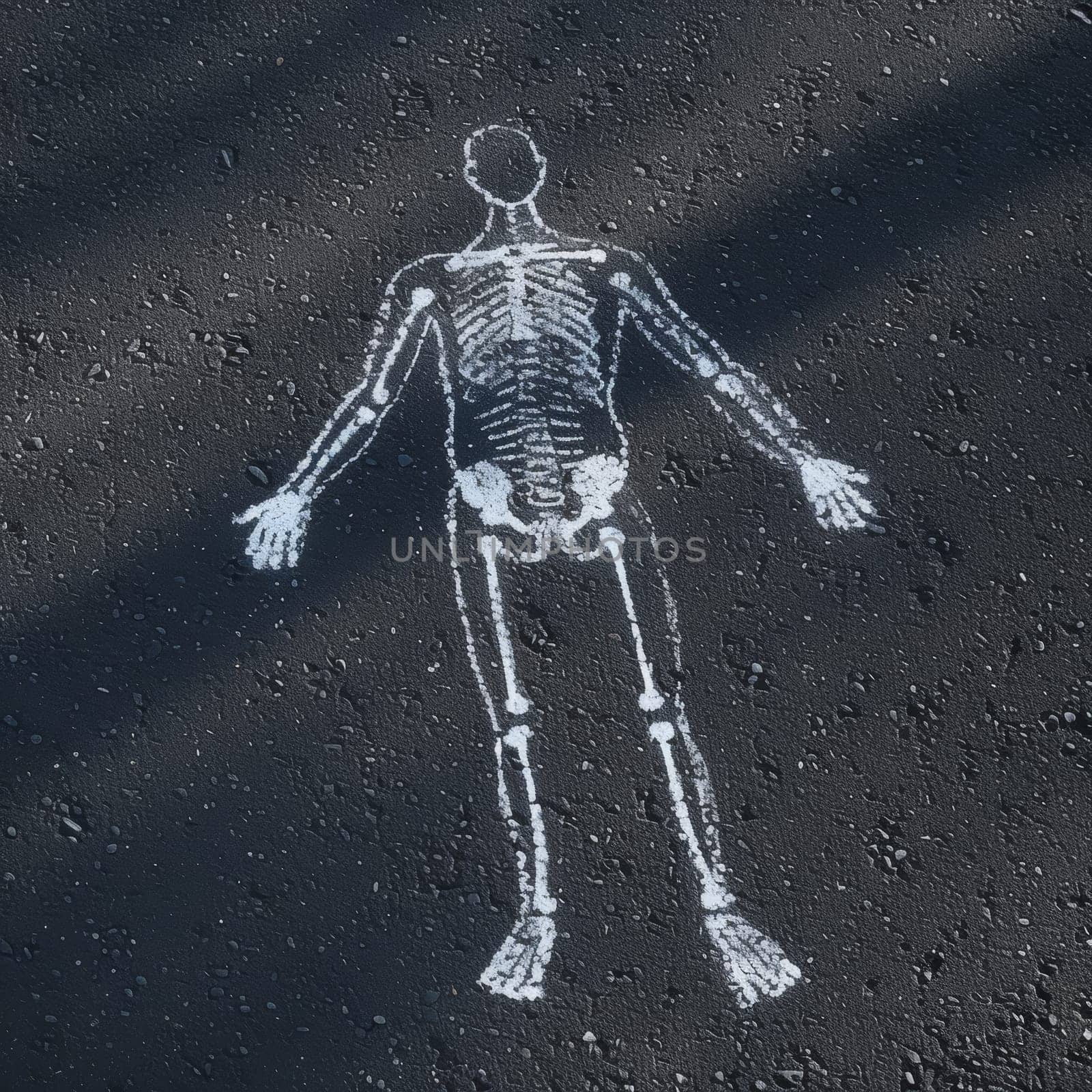 White chalk drawing of a human skeleton on dark asphalt surface