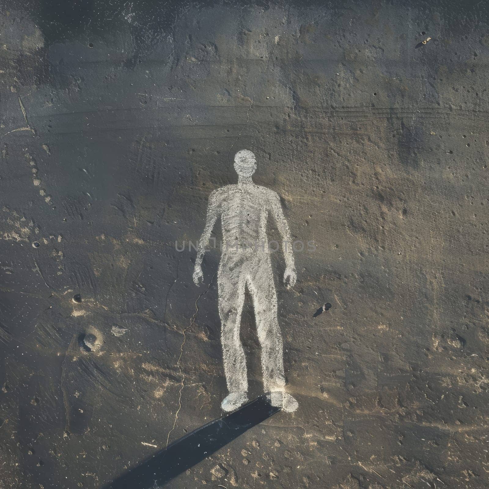 A detailed chalk outline of a human figure on a weathered asphalt street