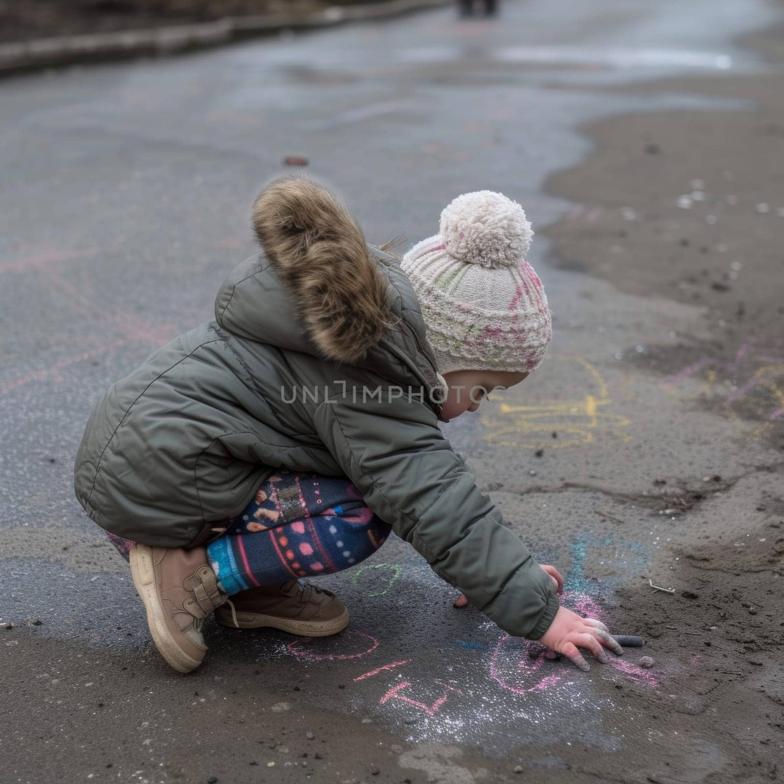 Child in winter clothing crouched on a wet street drawing with chalk