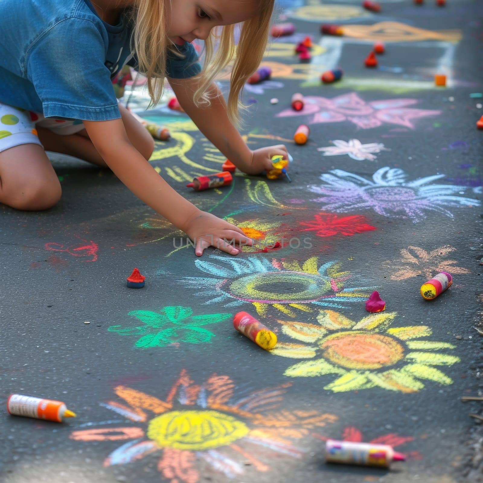 Child creating colorful chalk drawings of flowers on asphalt surface