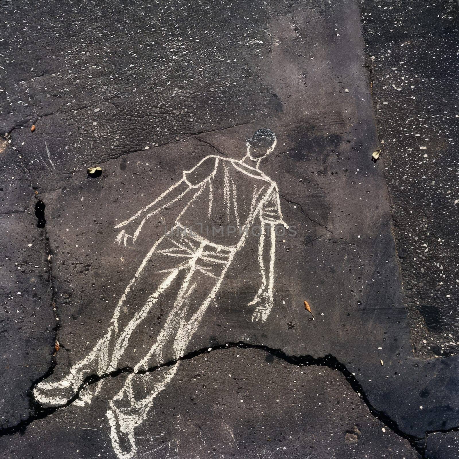 Chalk drawing of a human body outline on a worn urban pavement, crime scene concept