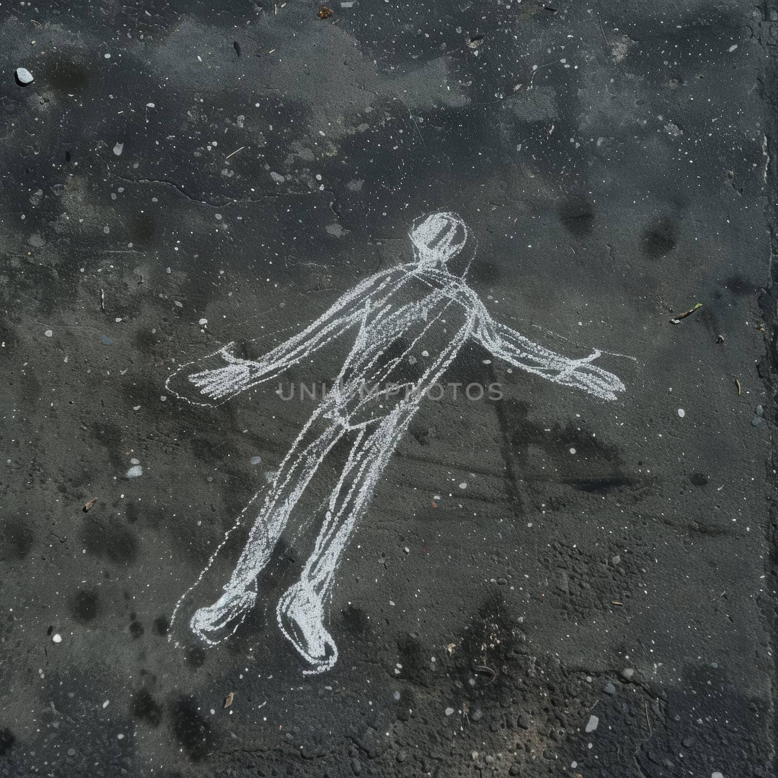 Chalk outline of a human figure on dark asphalt, reminiscent of a crime scene