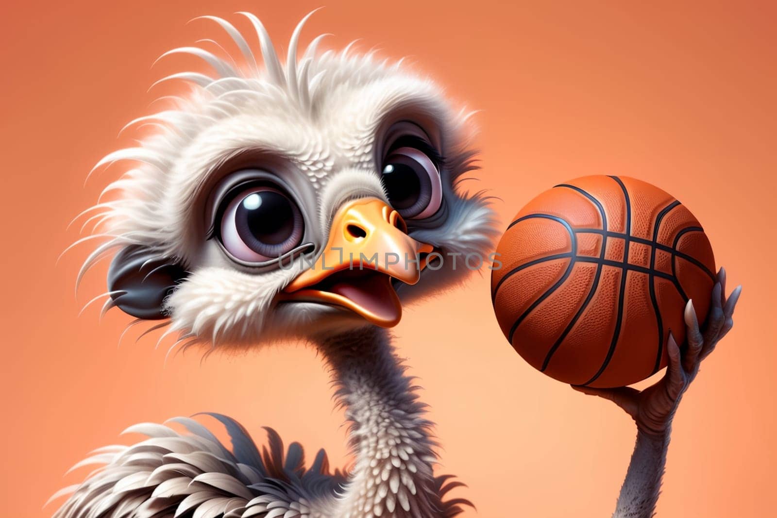 cute sporty happy ostrich playing basketball .