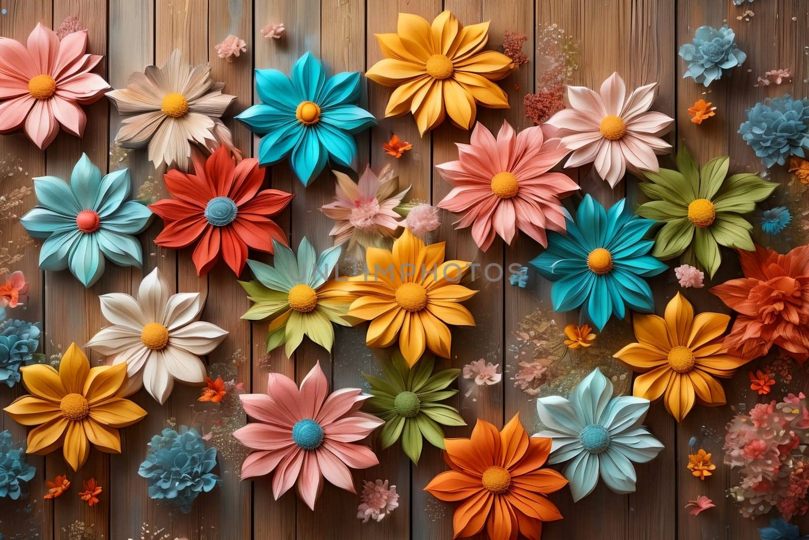 abstract wooden background with colorful flowers .