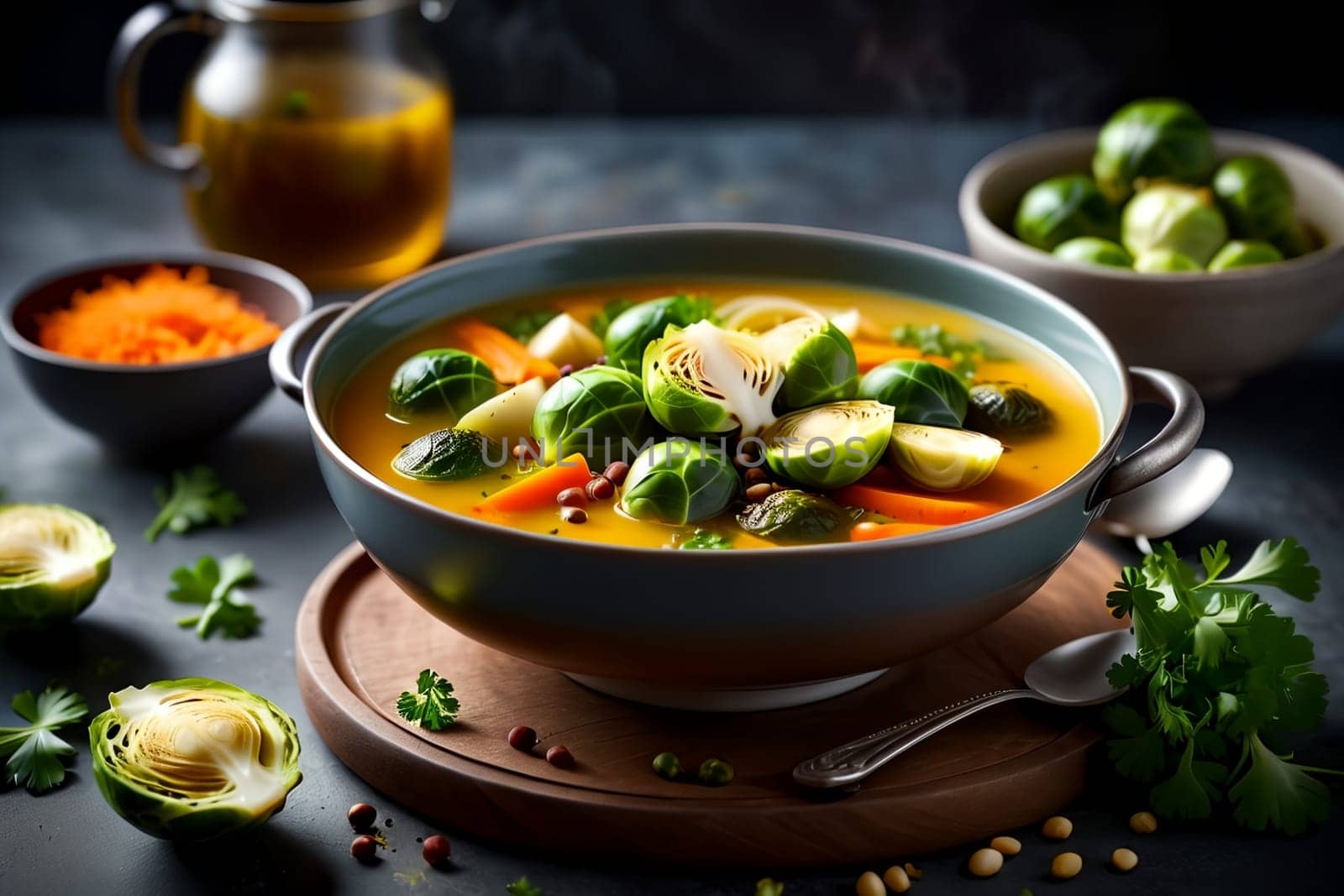 vegetable soup with Brussels sprouts with spices and herbs .