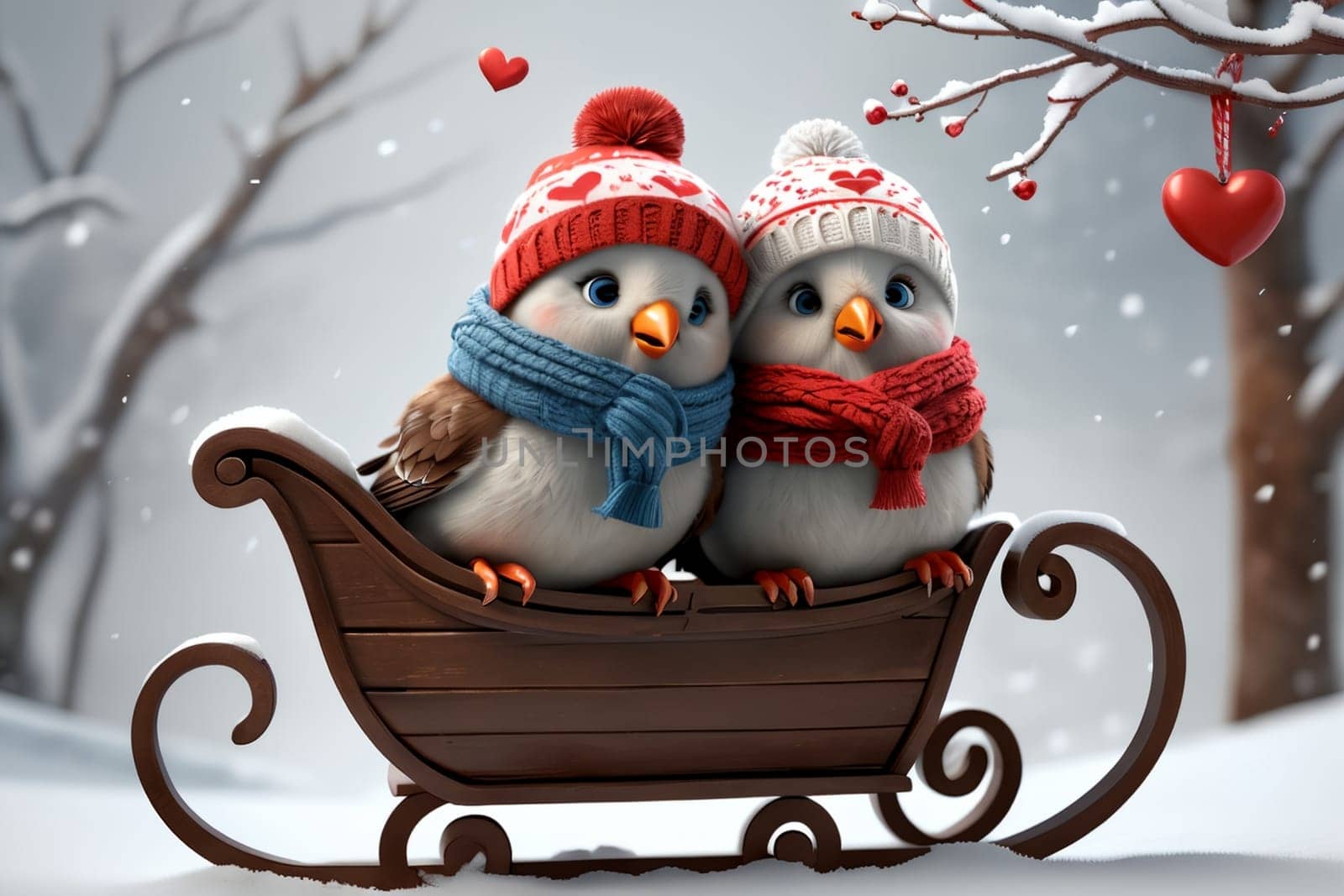 Birds in love in a hat and scarf in winter walk on the street .