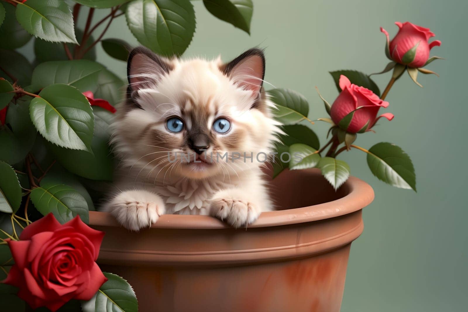 beautiful Ragdoll kitten sitting in a pot of roses .
