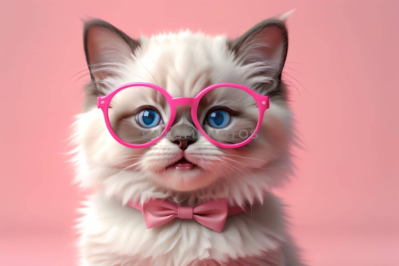 cute Ragdoll kitten wearing pink glasses, isolated on a pink background .
