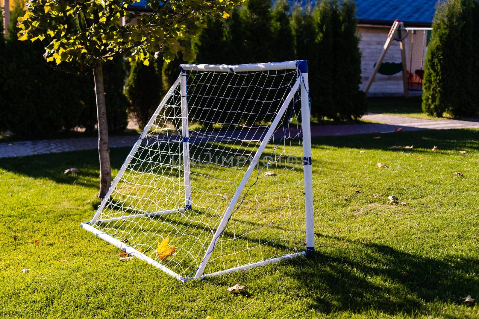 children's training football goals on the lawn of the football field are filled with leaves, forest, park. The leaves are tangled in the net.