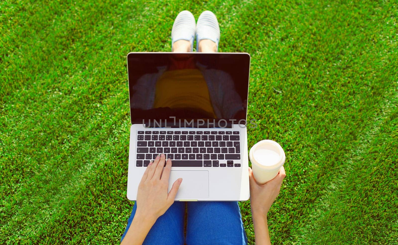 Female hands woman working with laptop, blank black screen in summer park on green grass background