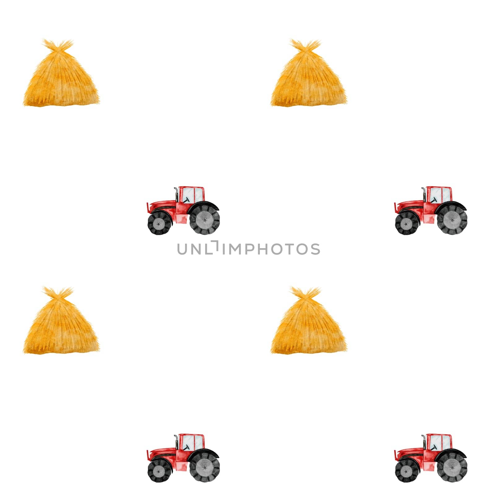 Tractor watercolor seamless pattern. Drawing of a red toy car and a haystack on a white background. Illustration of an agricultural machine. For children's textiles, bed linen, diapers, diapers for boys