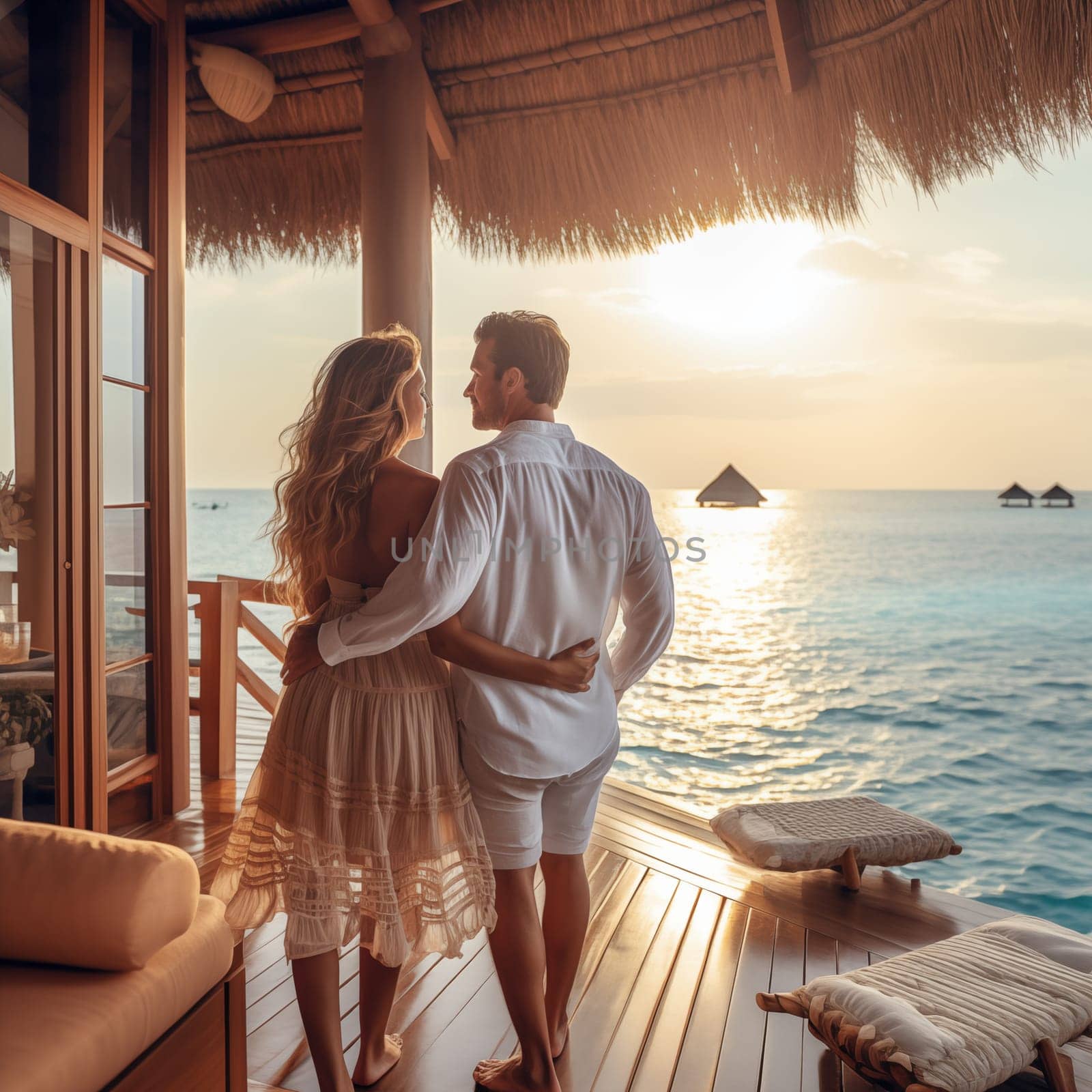 A man and a woman are peacefully standing on a deck, embracing each other while gazing out at the vast ocean before them, enjoying a serene moment together.