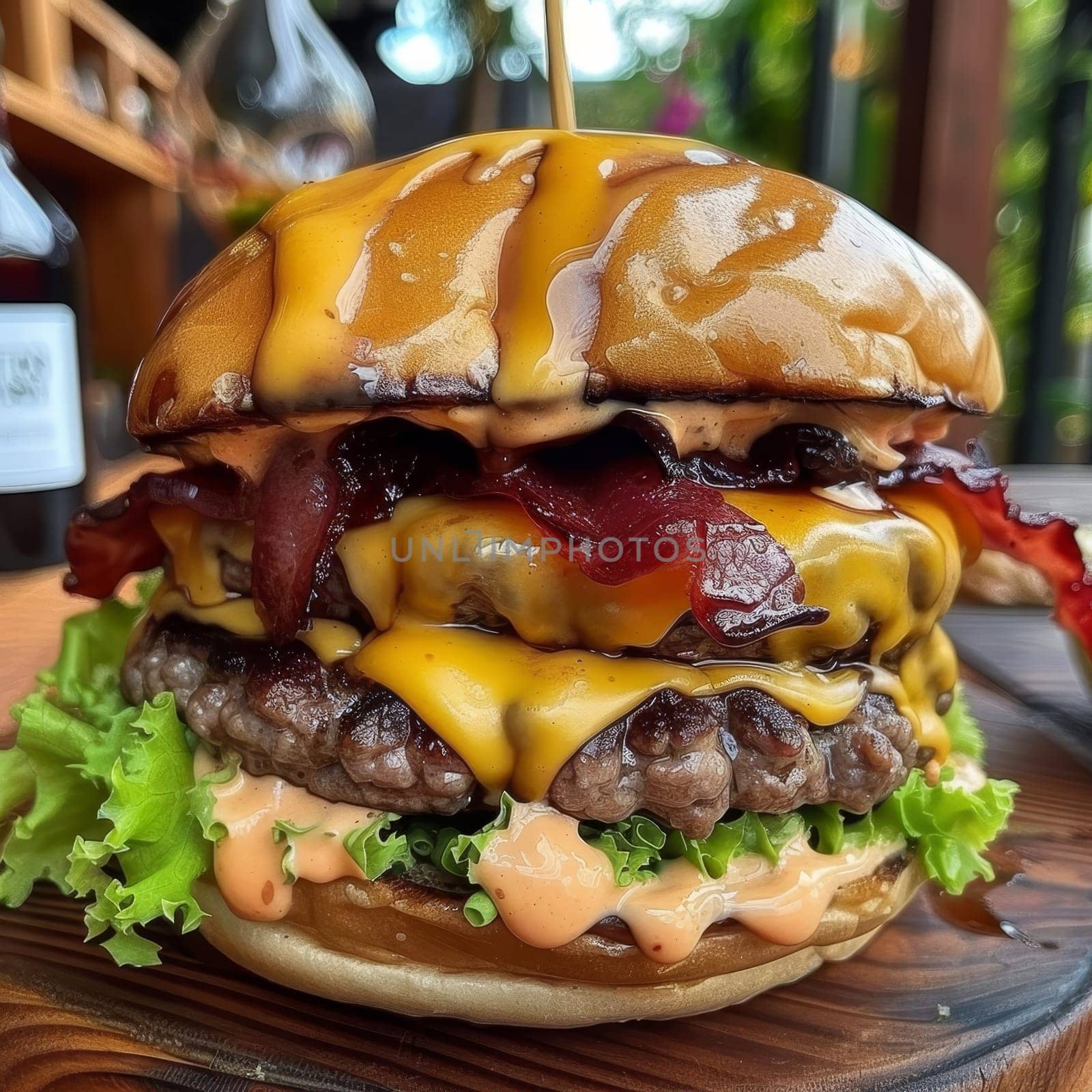 Juicy double cheeseburger with lettuce, tomato, and special sauce