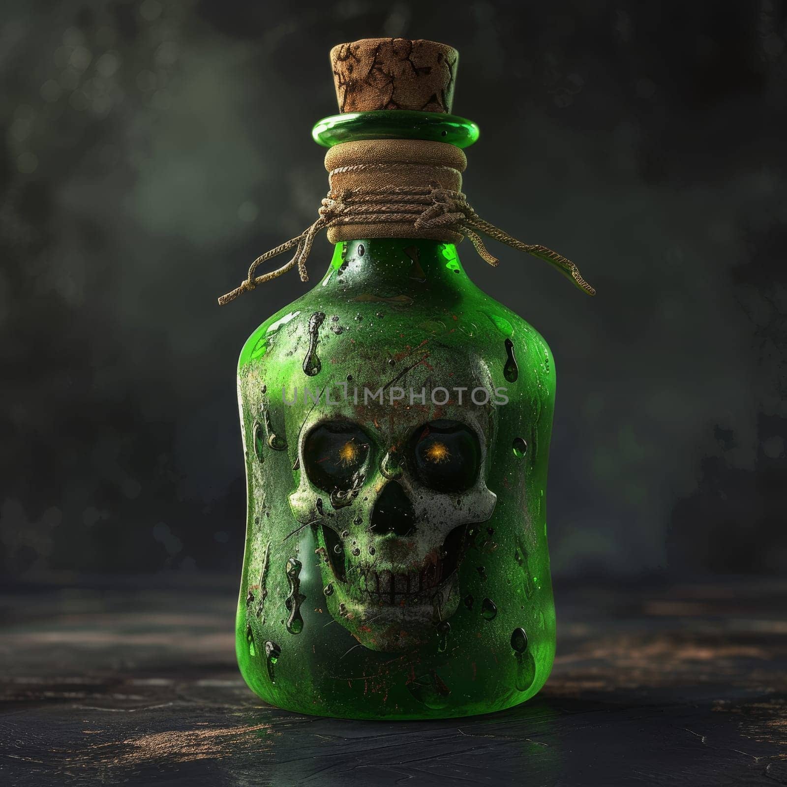 Macabre green glass bottle shaped like a skull with a cork. by sfinks