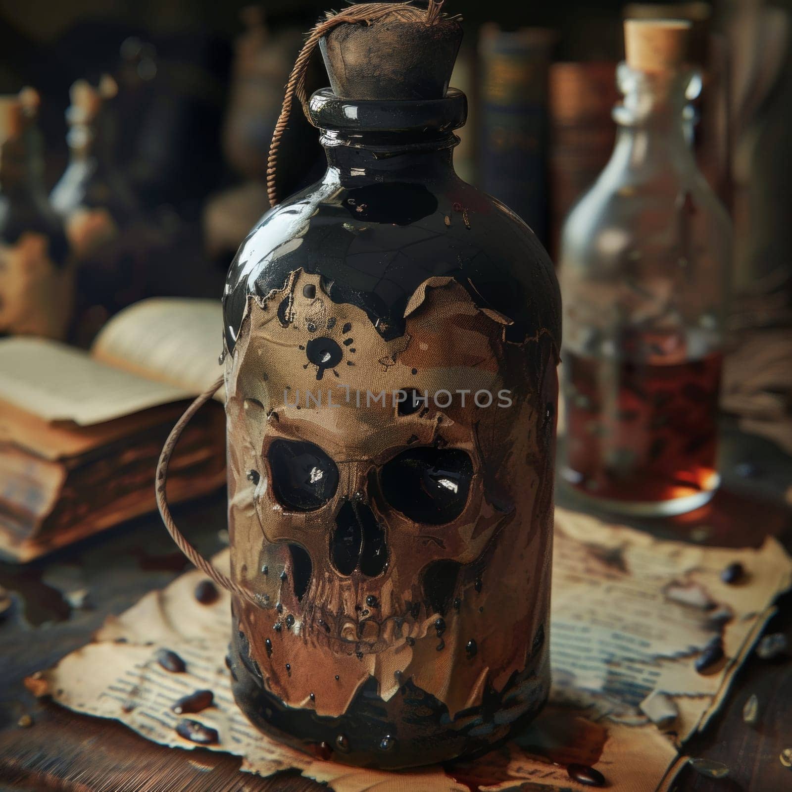 Artistic brown skull-shaped potion bottle on a vintage backdrop