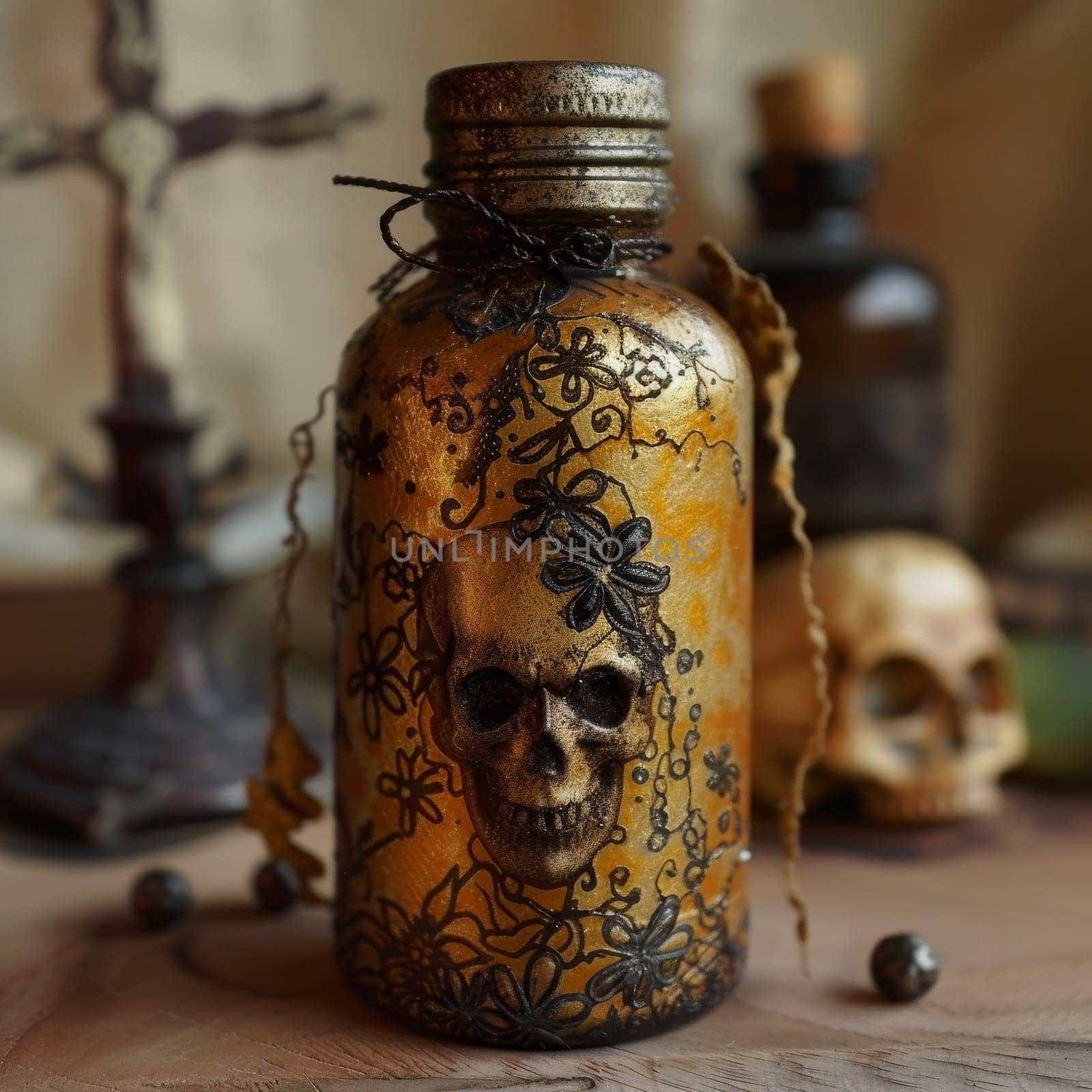 Artistic brown skull-shaped potion bottle on a vintage backdrop. by sfinks