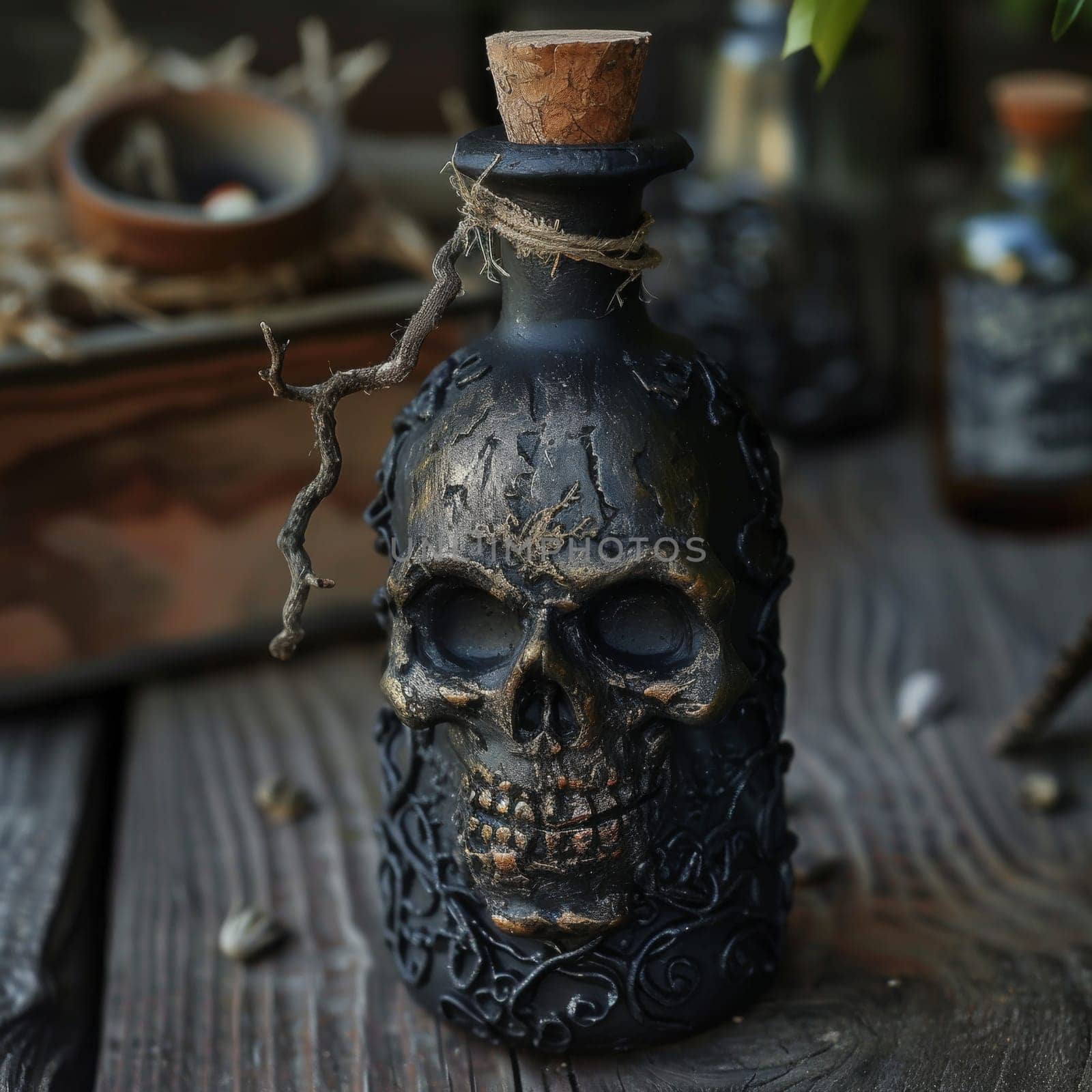 Decorative black skull-shaped bottle with a cork, set against a rustic backdrop