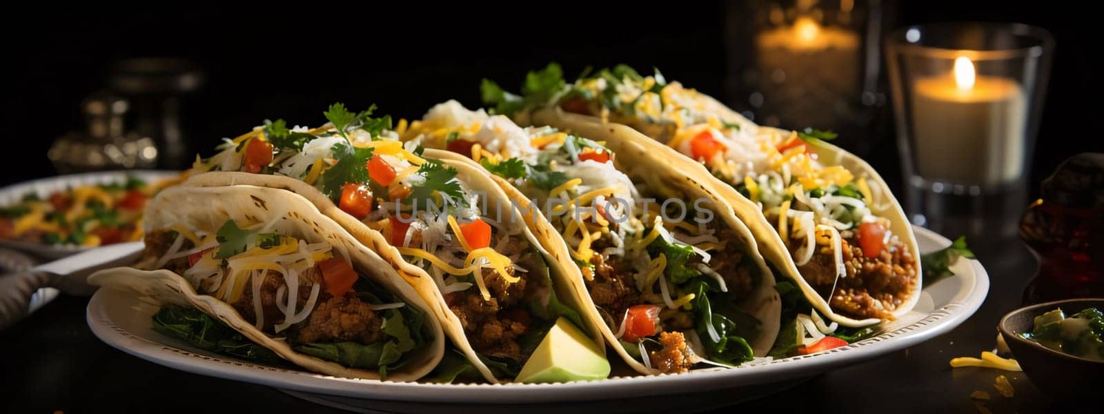 Tacos with meat, vegetables and cheese on a black background by ThemesS